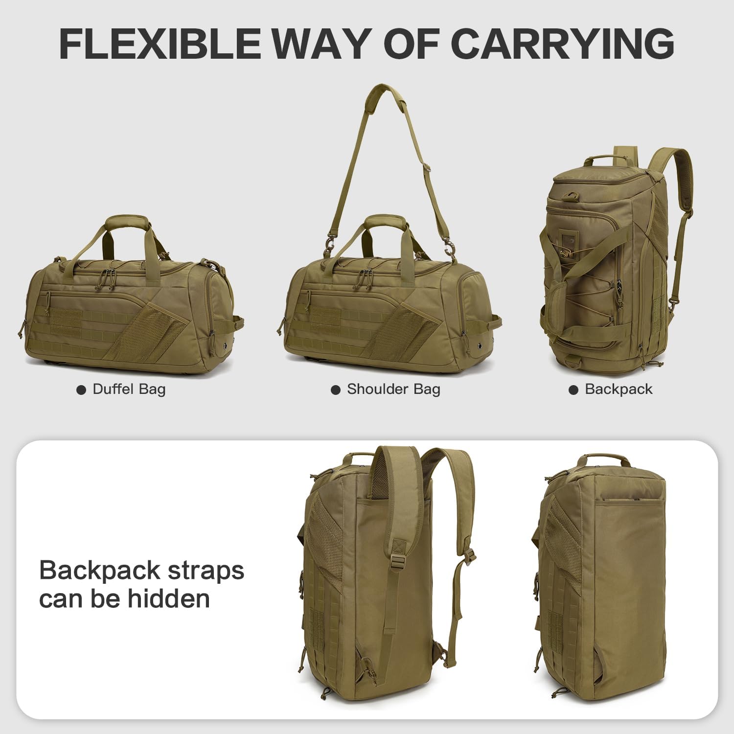 3-in-1 Tactical Gym & Travel Duffle Bag Backpack Men Multi-Functional 45L Military Sports Duffle Bag with Shoe Compartment & Wet Pocket for Workout Weekender Overnight Bag with Molle Webbing, Brown