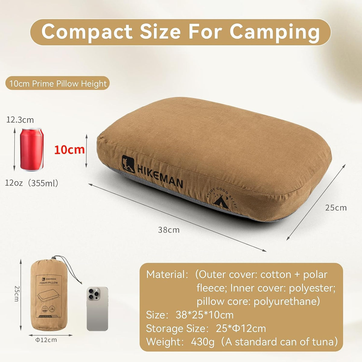 HIKEMAN Camping Memory Foam Pillow - Ultralight Travel Pillow,Backpacking Pillow with Removable Cover,Ergonomic Pillows,Neck Lumbar Support for Outdoor Camp,Sport,Hiking,Backpacking Sleep (Army Green)