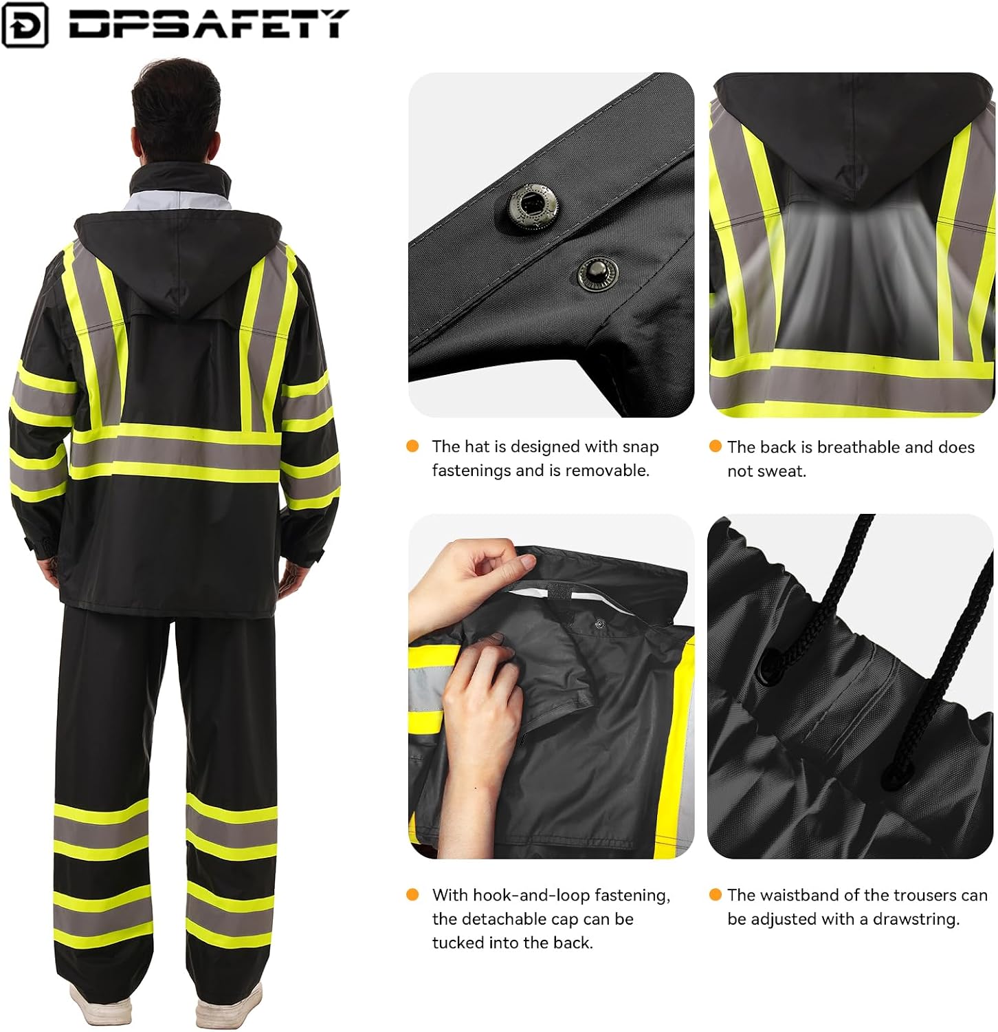 Hi Vis Safety rain Jacket，Reflective Class 3 Rain coat with Inner Mesh Lining and Pockets High Visibility Waterproof work Rain Suits for men&women（Black,LG/XL）