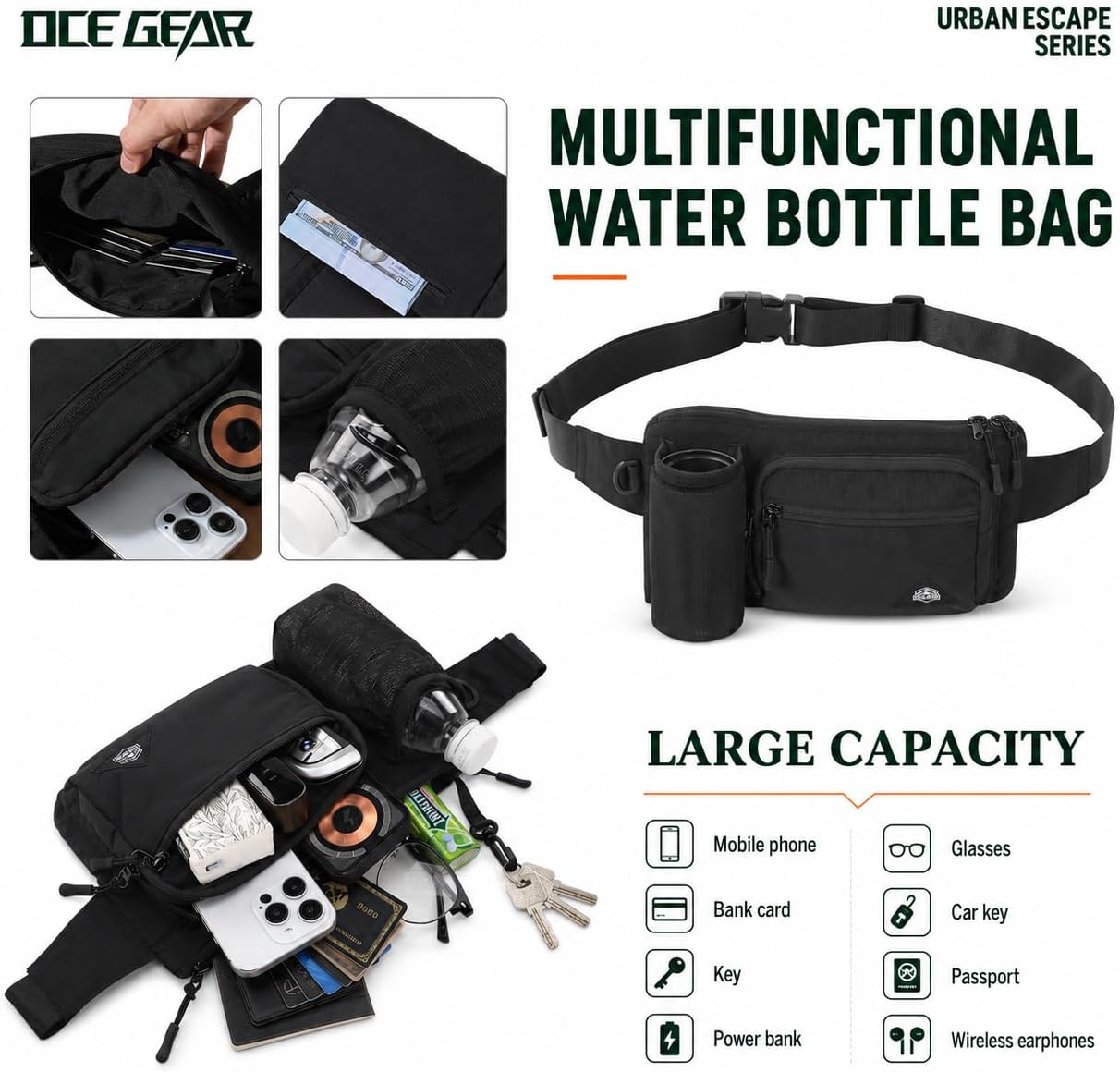 Fanny Pack with Water Bottle Holder for Men Women Waist Bag Running Waist Pack Waterproof for Outdoor Travel Cycling Climbing Walking Fit All Phones (Bottle Not Included)(Black)