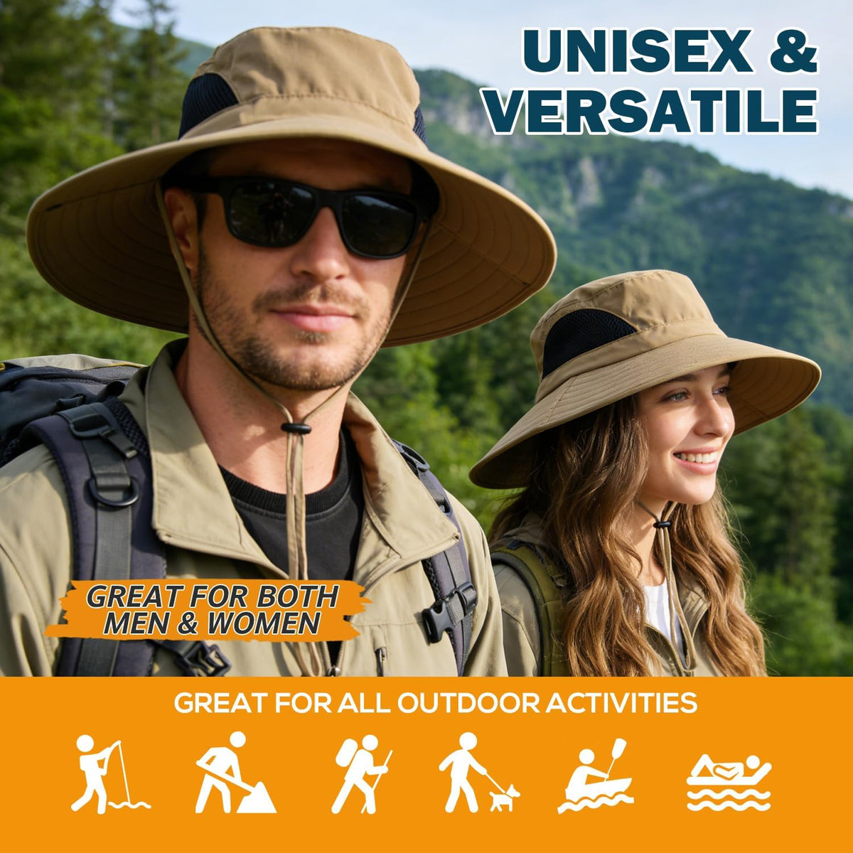 Wide Brim Sun Bucket Hat, Waterproof Boonie Hat for Men & Women