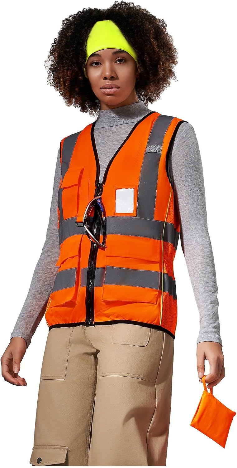 A-SAFETY High Vis Safety Vest for Women - Reflective Strips, Multi-Pockets, Zipper Closure