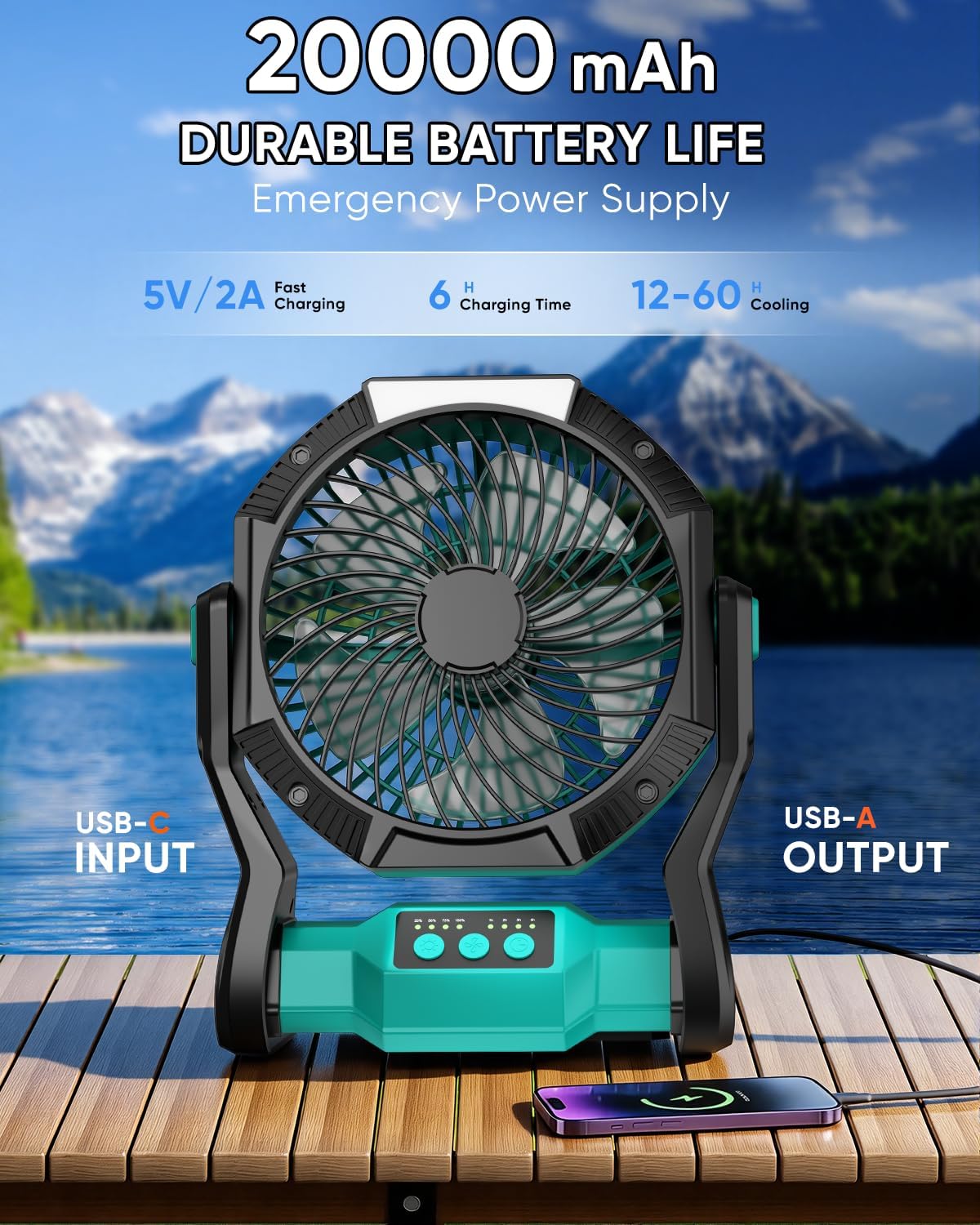 Portable Rechargeable Fan, 20000mAh Battery Powered Camping Fan with LED Light & Hook, 270° Adjustable, 4-Speed, 4H Timer Camping Essentials for Outdoor Tent Travel BBQ Car_Blue