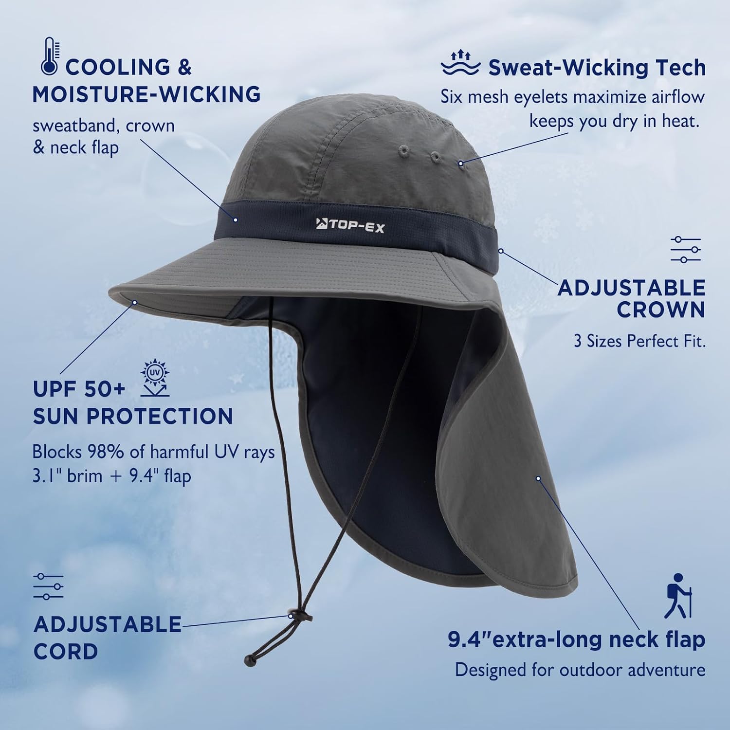 TOP-EX UPF 50+ Cooling Wide Brim Sun Hat for Men with Neck Flap, Packable