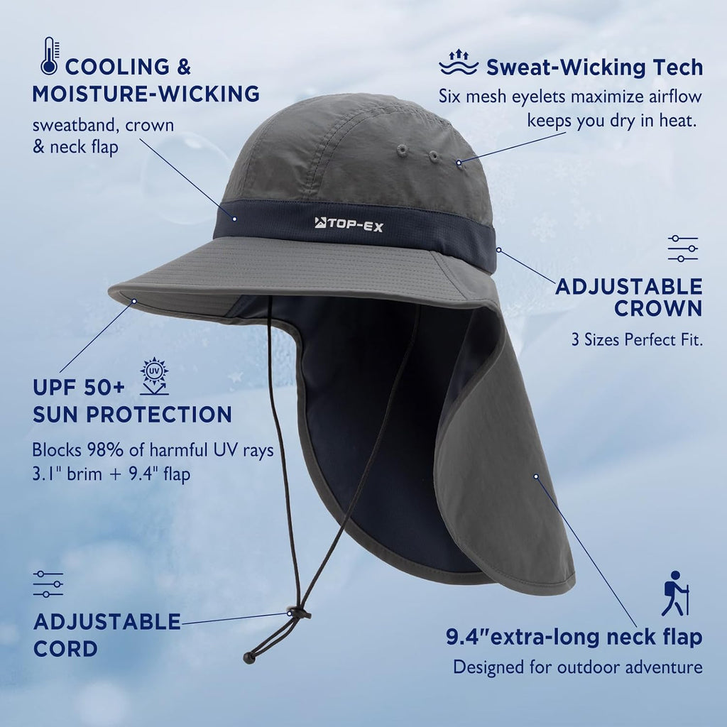 TOP-EX UPF 50+ Cooling Wide Brim Sun Hat for Men with Neck Flap, Packable