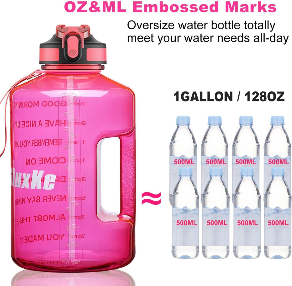 SLUXKE 1 Gallon Water Bottle with Time Marker and Straw, BPA Free 128oz Leak Proof Motivational Large Water Bottle Jug with Handle, Pop Up Open Sports Big Bottle Jug with Comfortable Silicone Nozzle