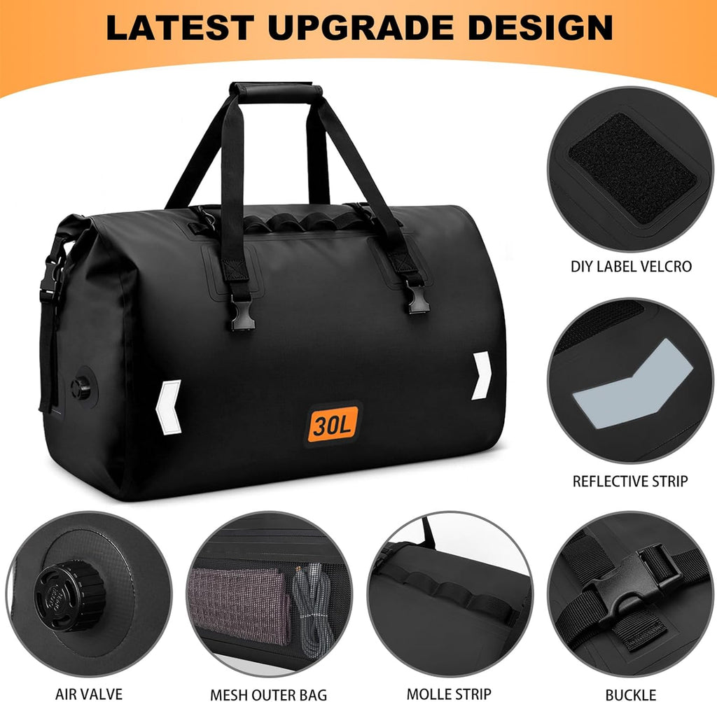 OCKLILY Waterproof Motorcycle Dry Bag, 30L Roll-top Motorcycle Tail Bag with Air Valve & Quick-fixed Straps, Travel Duffle Bags for Kayaking Paddle Boarding Rafting Boating Camping Riding - Black