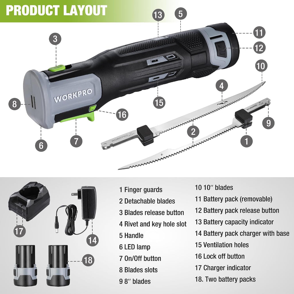 WORKPRO 12V Cordless Electric Fillet Knife, 8" & 10" Sharp Blades