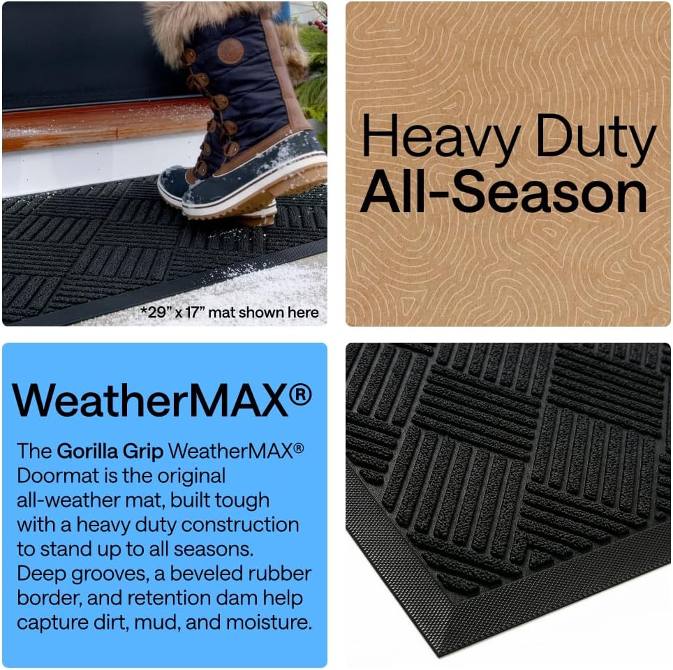 GORILLA GRIP WeatherMAX Door Mat, Indoor Outdoor Use, 29x17, Black Diamond