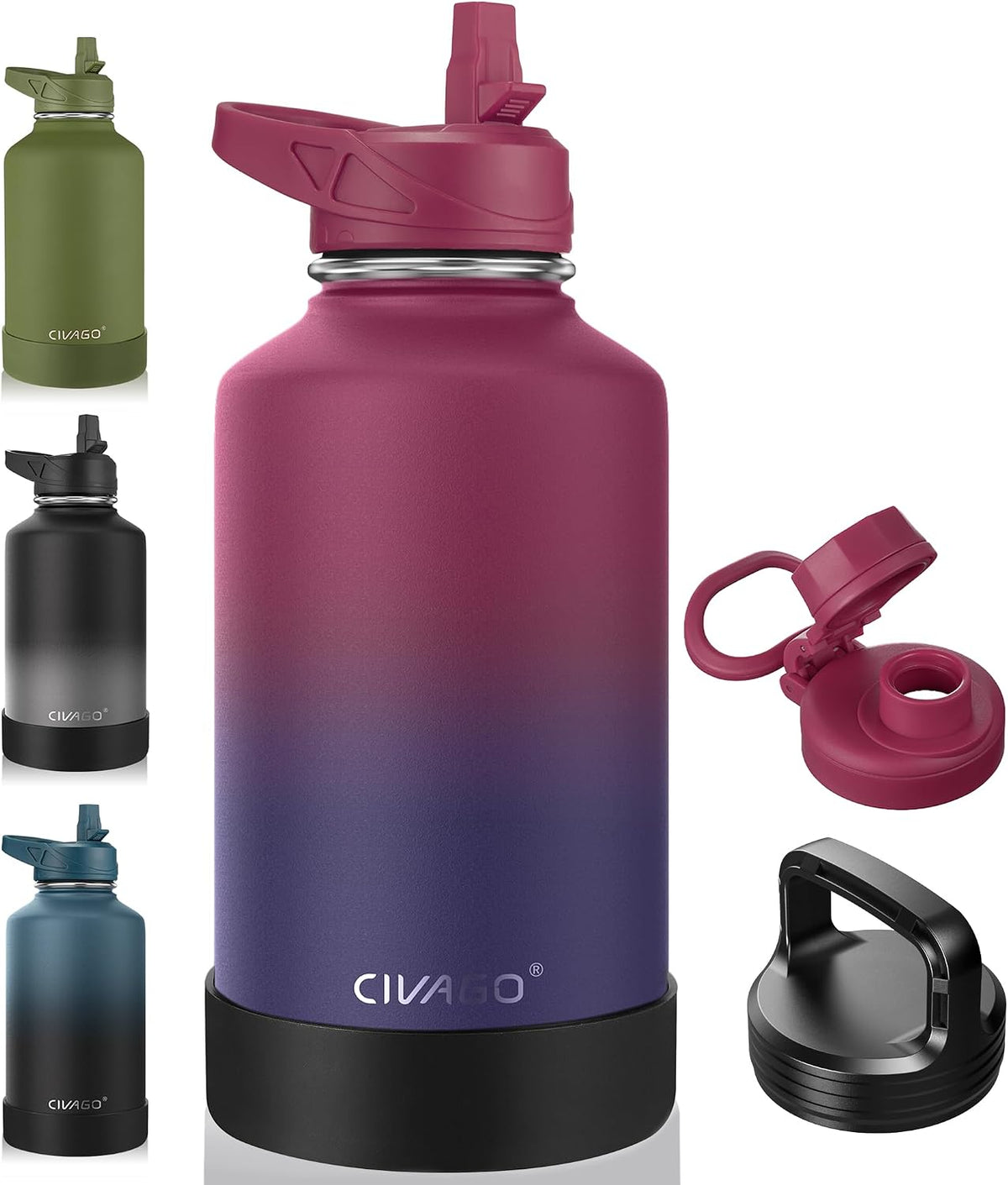 CIVAGO 64 oz Insulated Stainless Steel Water Bottle With Straw and 3 Lids