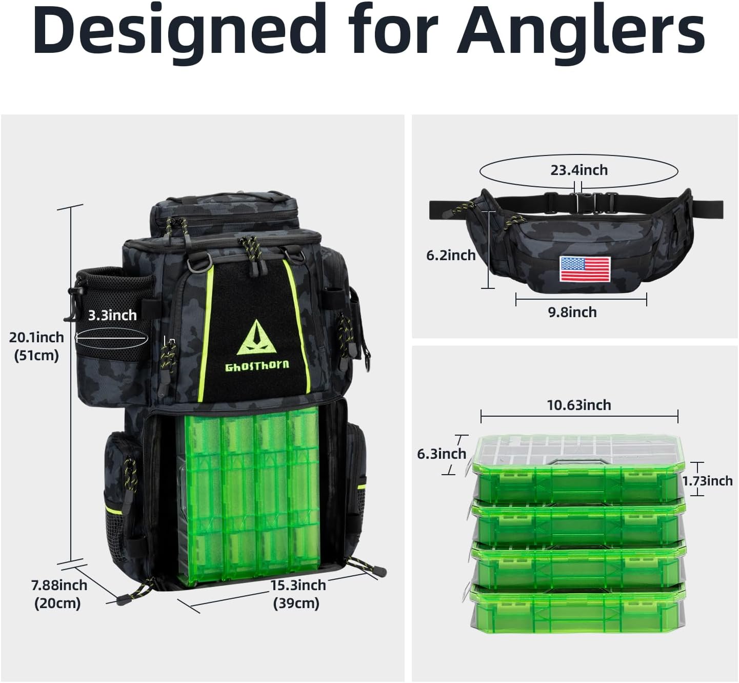 Ghosthorn 43L Fishing Tackle Backpack with 4 Tackle Boxes & Rod Holder