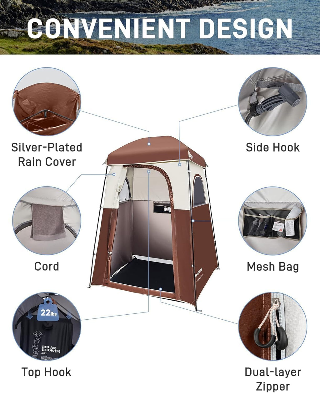 KingCamp Shower Tent, Portable Privacy Tent Outdoor Camping 1/2 Room Toilet Tents with Shower Bag & Dressing Room for Beach, Camping & Hiking