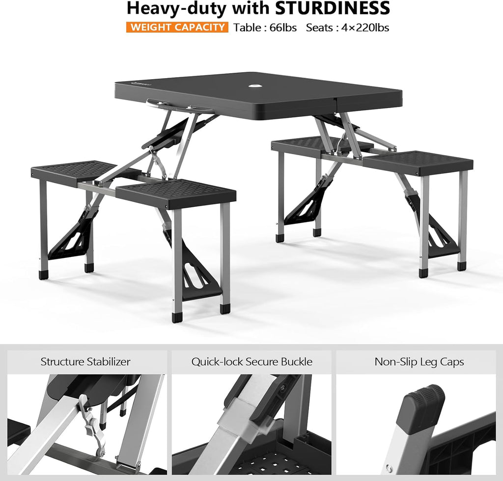VINGLI 4Ft Portable Folding Picnic Table Camping Table Foldable Set with 4 Seats with Umbrella Hole Suitcase Card Table-220 Lbs Support Aluminum Frame, Plastic RV Tabletop for Yard, Travel