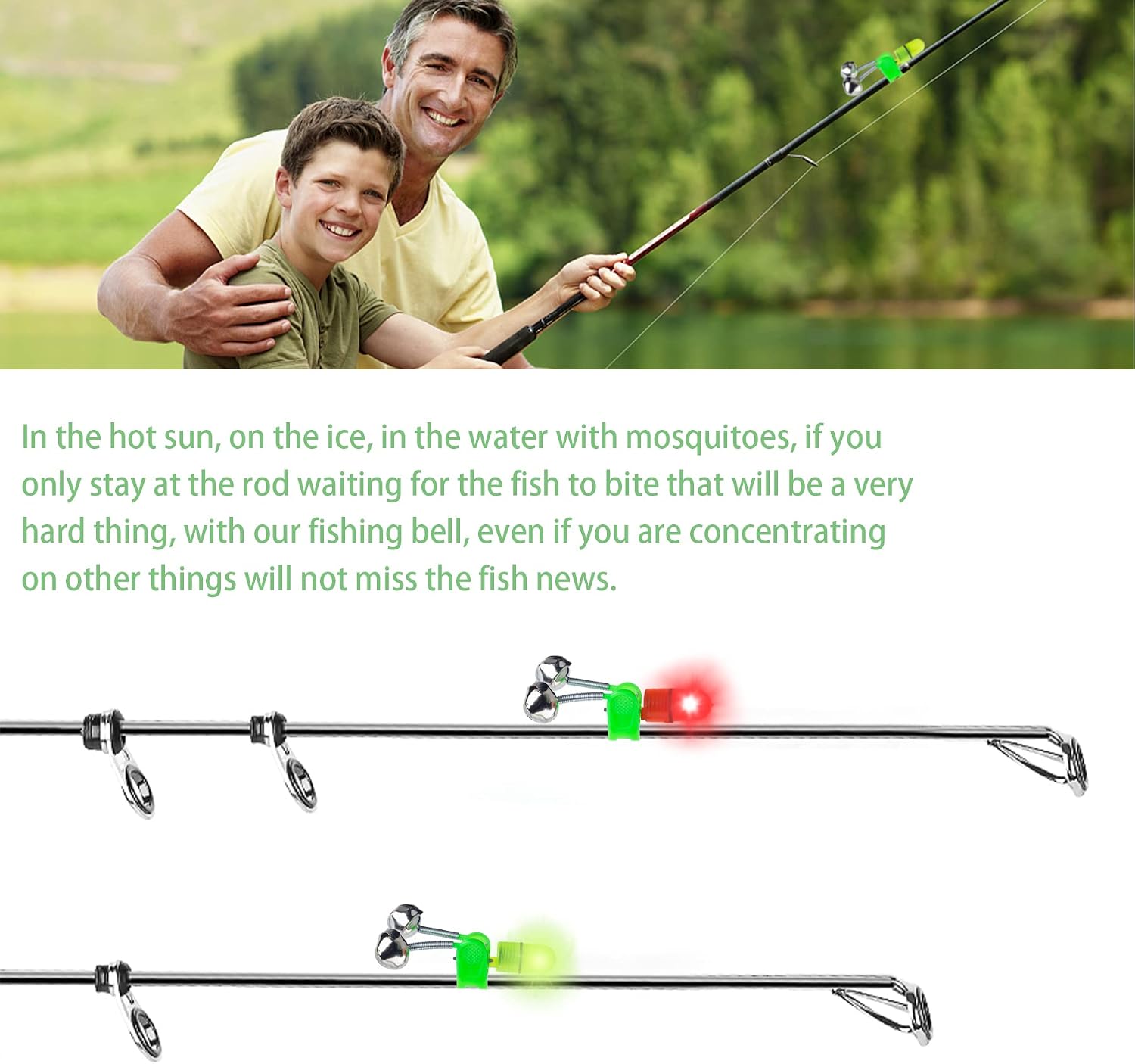 OHOH LED Night Fishing Rod Bite Bait Alarm Light with Twin Bells Ring Fishing Bite Alarm Indicator On Fishing Rod
