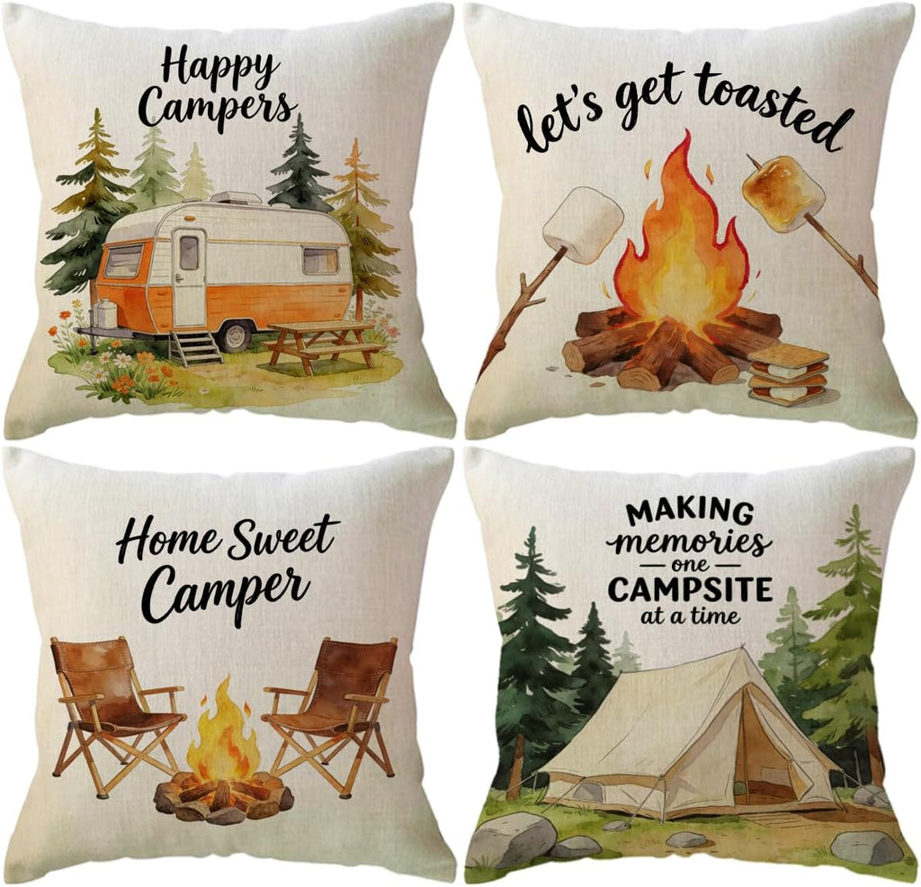 ULOVE LOVE YOURSELF Camping Throw Pillow Covers 4Pack Outdoor Campfire Adventure Decorative Pillowcases Happy Campers Cushion Covers 18 X 18 Inch for Camper, Cabin Home Decor (Brown-Orange)