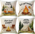 ULOVE LOVE YOURSELF Camping Throw Pillow Covers 4Pack Outdoor Campfire Adventure Decorative Pillowcases Happy Campers Cushion Covers 18 X 18 Inch for Camper, Cabin Home Decor (Brown-Orange)