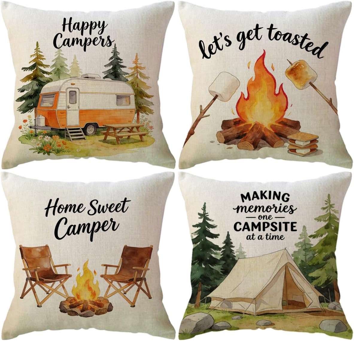 ULOVE LOVE YOURSELF Camping Throw Pillow Covers 4Pack Adventure Awaits Decorative Pillowcases Happy Campers Cushion Covers 18 X 18 Inch for Camper, Cabin Home Decor(Blue/Brown)