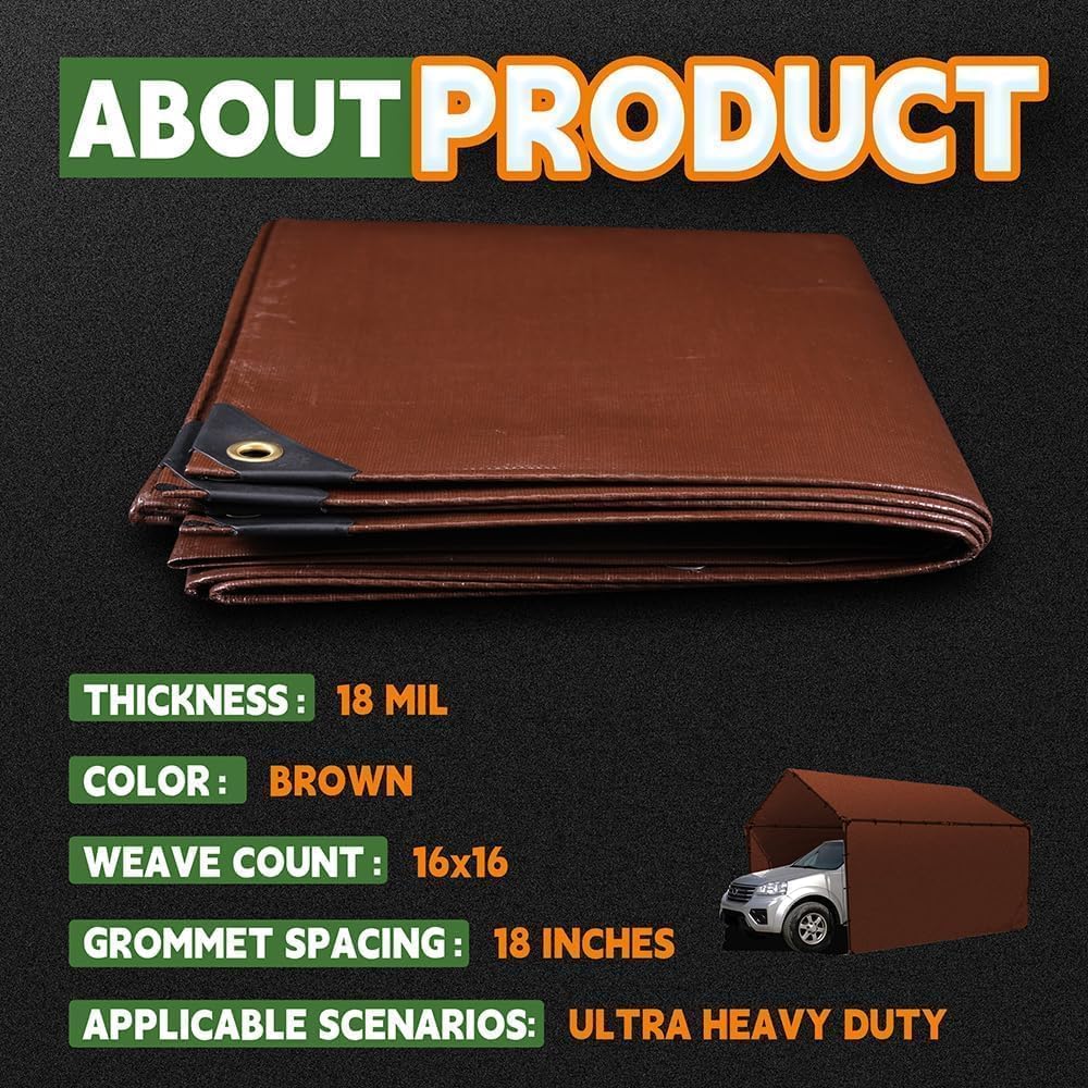 RAINDEWAY Brown Tarp 8x10ft Tarps Heavy Duty Waterproof 18Mil Extra Thick