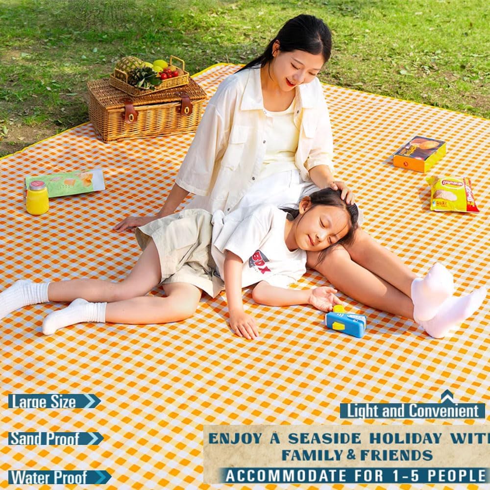 Extra Large Picnic Blanket Beach Blankets, 80''x80'' Picnic Mat Waterproof Sand Proof Foldable Portable for Outdoor Camping Hiking Travel Grass Park Music Festival Lawn Mats (yellow, 80x80 inch)