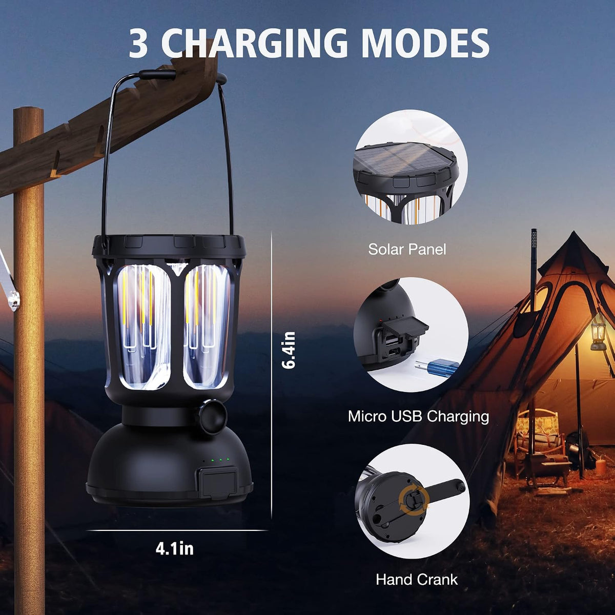 Raynic 6000 LED Camping Lantern Rechargeable, 650LM Hand Crank Solar Camping Light, Portable Battery Powered Lantern for Emergency, Power Outage, Hurricane, Outdoors