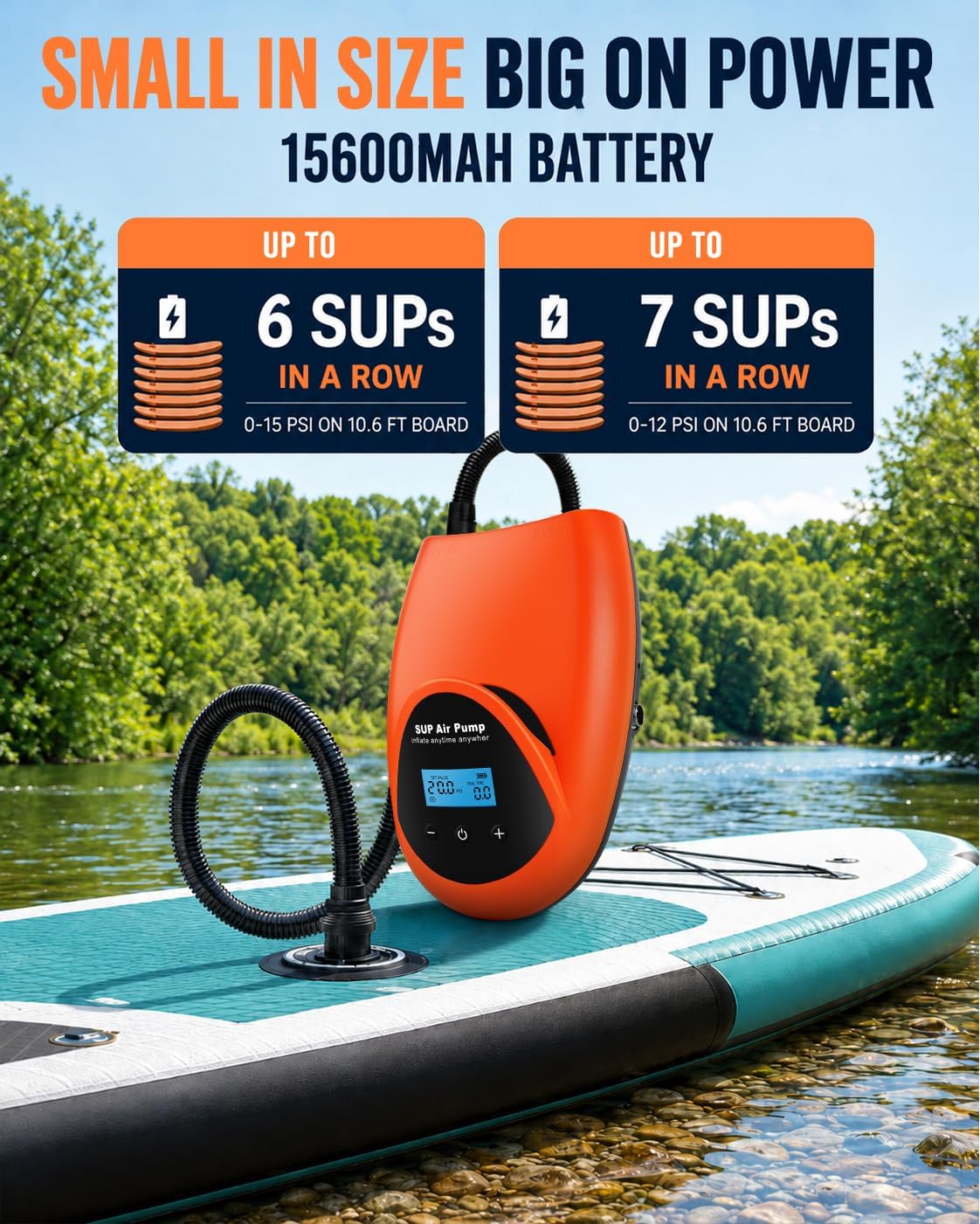 Tonsim Rechargeable Paddle Board Electric Pump, 20 PSI SUP Pump with 4 Preset Modes, Dual-Stage Inflation & Deflation, 12V DC Car Connector, Auto Shut-Off for Paddle Boards, Kayaks and Tents