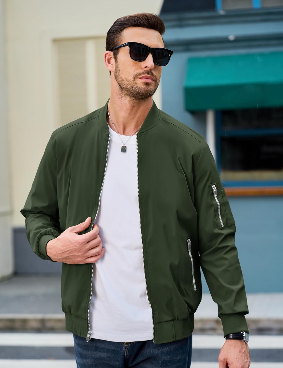 MAGCOMSEN Bomber Jacket Men Light Jacket Windproof Windbreaker Jacket Lightweight Bomber Jacket Casual Army Green M