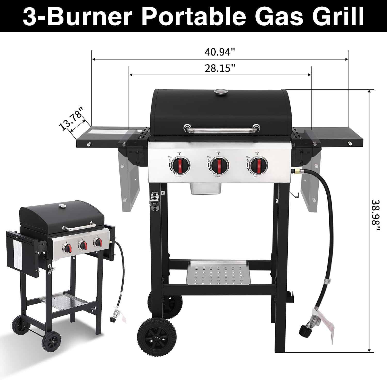 Propane Gas Grill with Folding Side Tables, 3-Burner Gas Grill with Cast Iron Grates and Stainless Steel Griddle Pan, Outdoor BBQ Grill Portable with Wheels 30,000 BTU Output