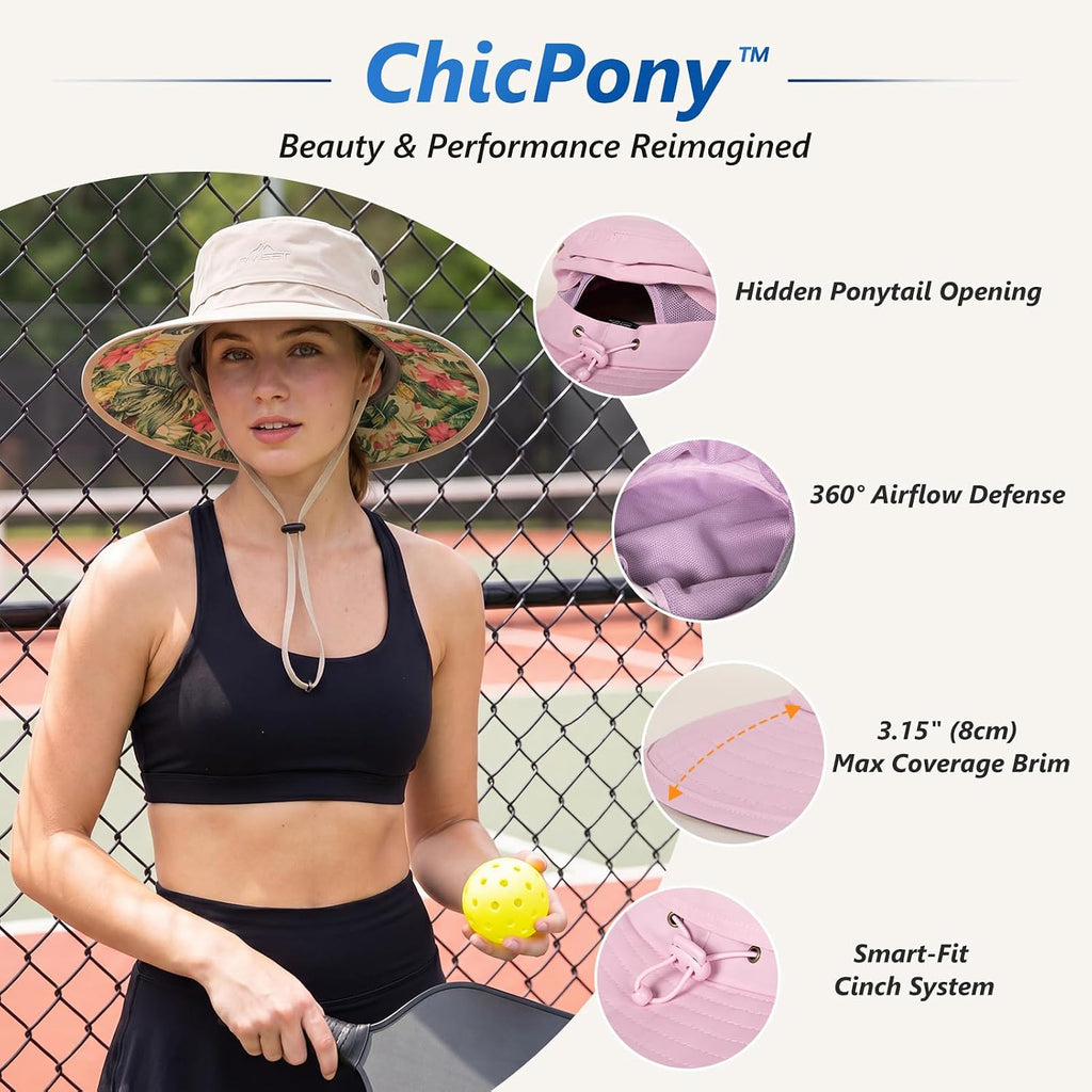 ChicPony™ Big Head Womens Ponytail Bucket Sun Hat Cooling Quick-Dry
