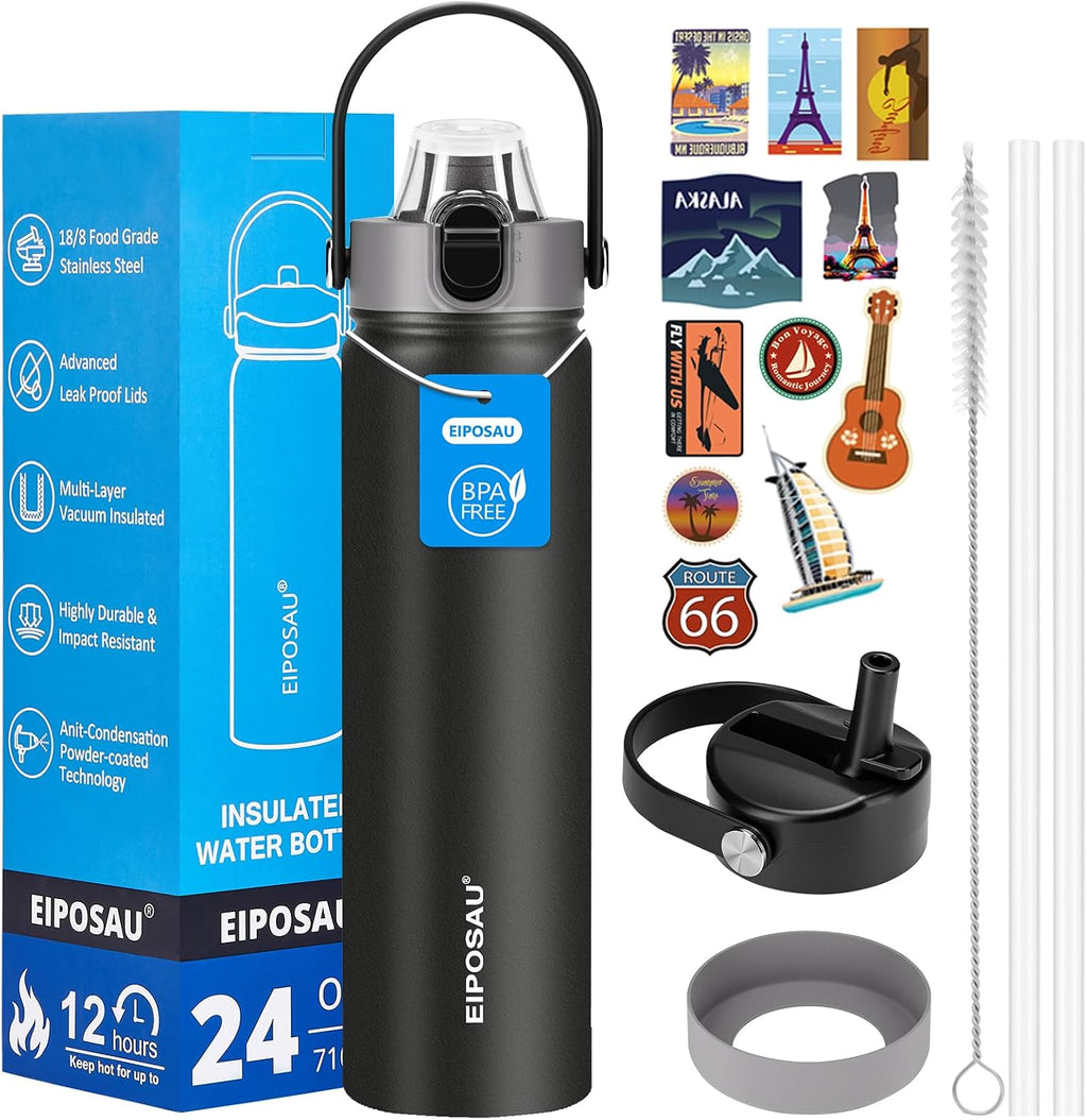 Insulated Water Bottle with Lid & Boot & Stickers, 24 oz