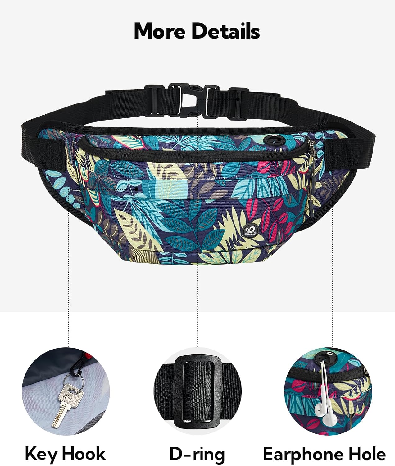 WATERFLY Fanny Pack for Men Women Water Resistant Large Hiking Waist Bag Pack Carrying All Phones for Running Walking Traveling (Black Leaf)