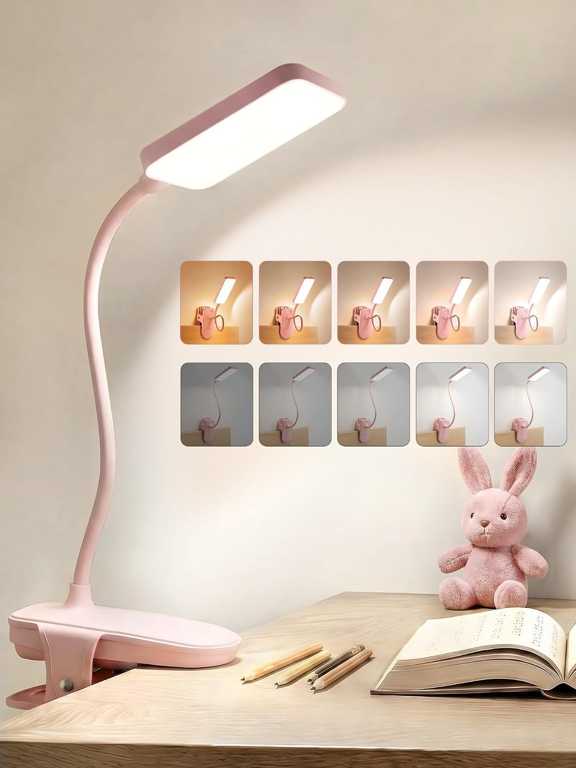 Pink Desk Lamp Cute Clip on Lamp,45 Modes Dimmable+450 Lumen Clip on Light
