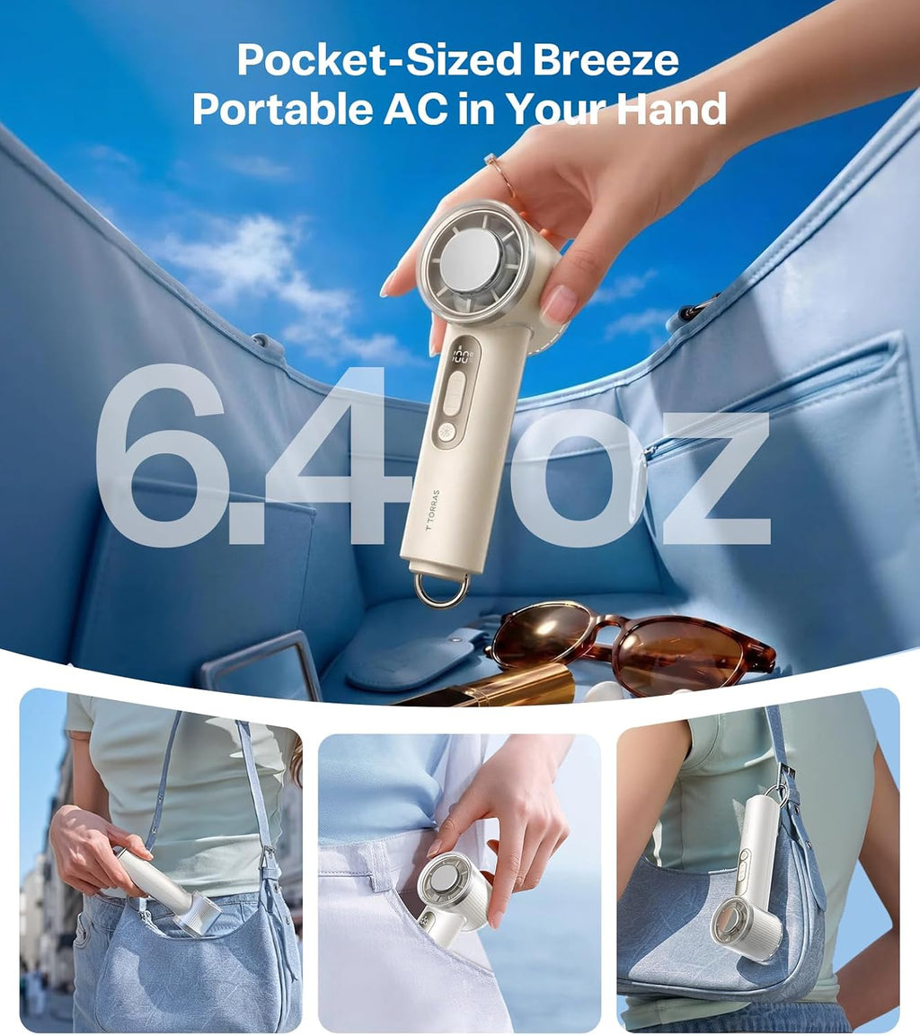 TORRAS COOLiFY iva Handheld Fan with Ice Cooler, [Chill by 50°F], 0-100 Adjustable Speed, Super Mini Powerful Portable Fan 4900mAh Rechargeable, Hand Fans for Travel Essentials,Mothers Day Gifts,Ivory