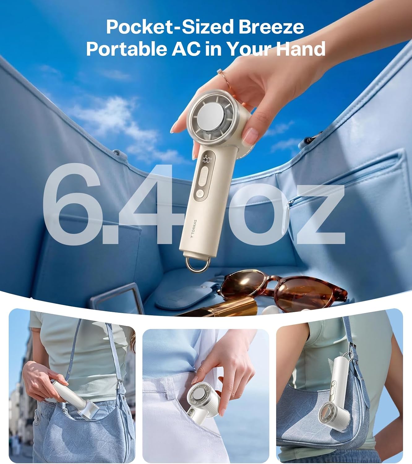 TORRAS COOLiFY iva Handheld Fan with Ice Cooler, [Chill by 50°F], 0-100 Adjustable Speed, Super Mini Powerful Portable Fan 4900mAh Rechargeable, Hand Fans for Travel Essentials,Mothers Day Gifts,Ivory