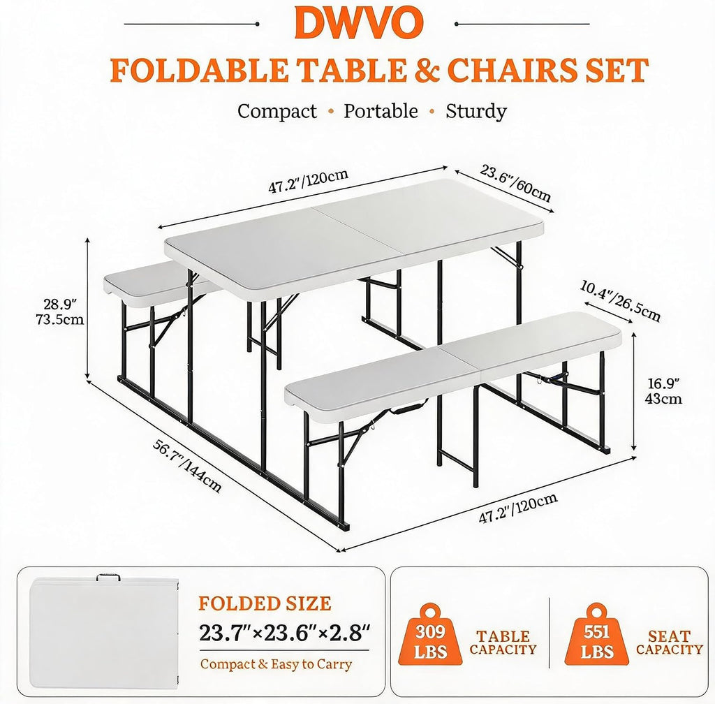 DWVO 4.5ft Picnic Table, Outdoor Folding Picnic Tables with Benches