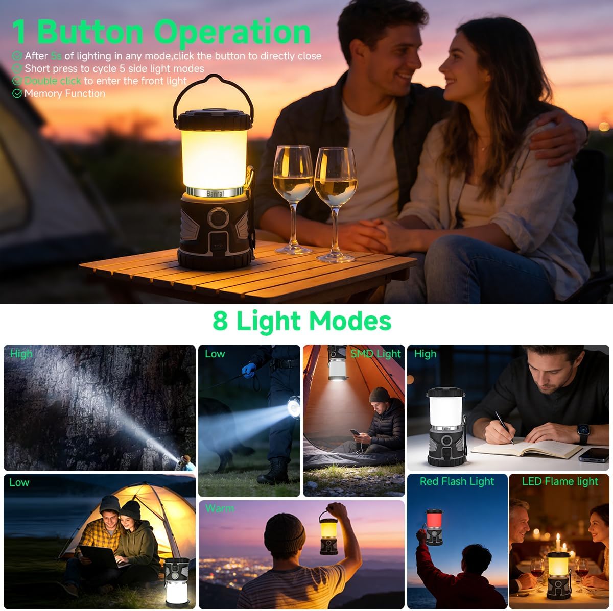 Camping Lantern Rechargeable, LED Flashlight Spotlight Lantern with 8 Light Modes, 6000 mAh, Up to 40H, Dimmable, 2000LM, IPX6, Storage Base, Camping Light for Power Outages Camping Hiking Emergency
