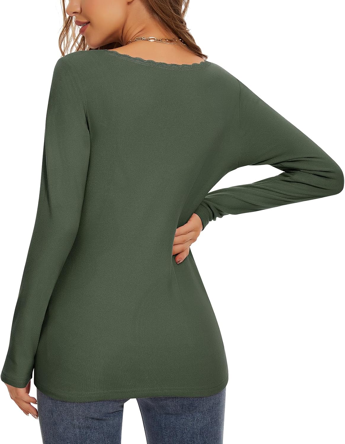 WOWENY Women Thermal Long Sleeve Shirt Fleece Lined Basic Fitted Tops Lace V Neck Undershirts Winter Tight Base Layer