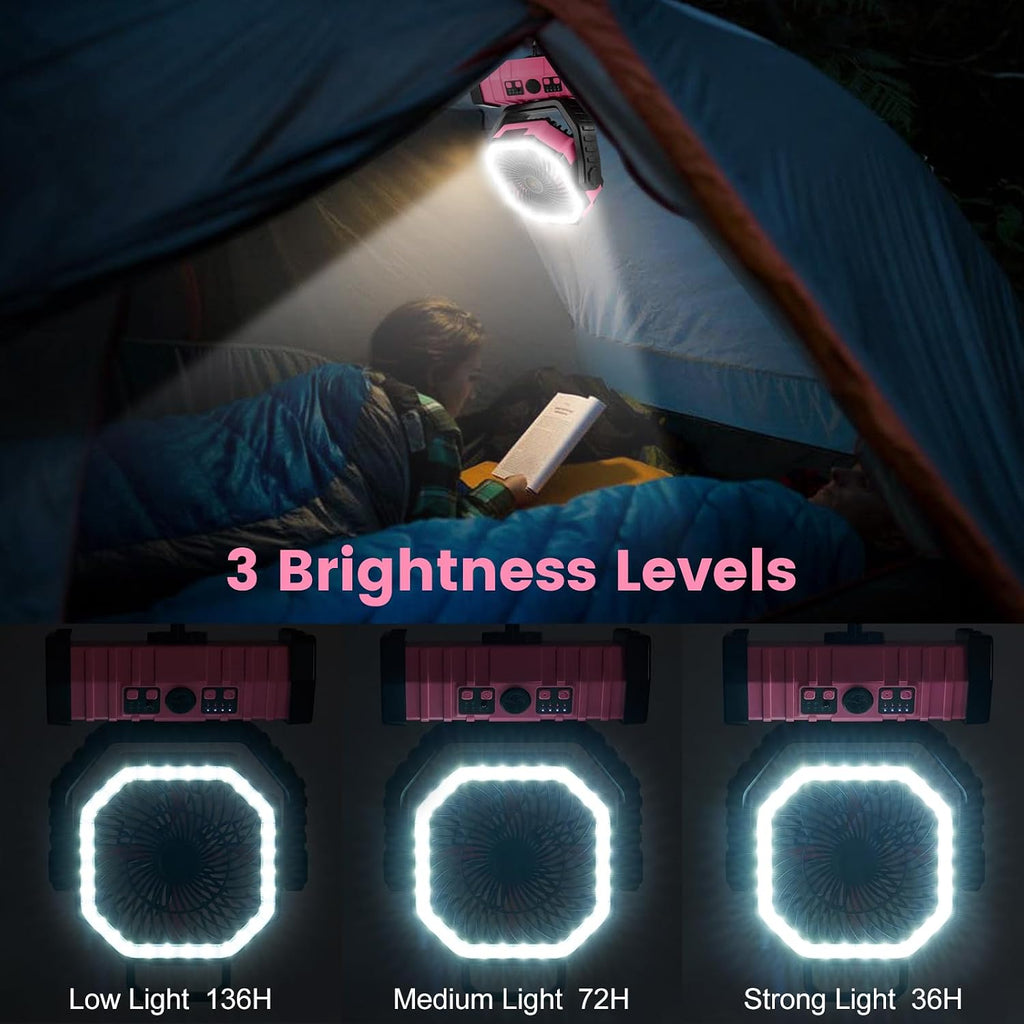 Odoland 30000mAh Camping Fan with LED Lantern, Rechargeable Battery Fan | Operated Oscillating Fan with Remote & Hook, Portable Tent Fan with Timer, 4 Speeds for Outdoor Camp RV Power Outage, Pink