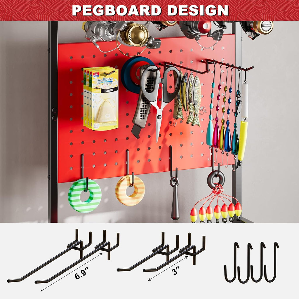 Fishing Rod Holders for Garage, 12-Rod Rolling Tackle Cart, Red