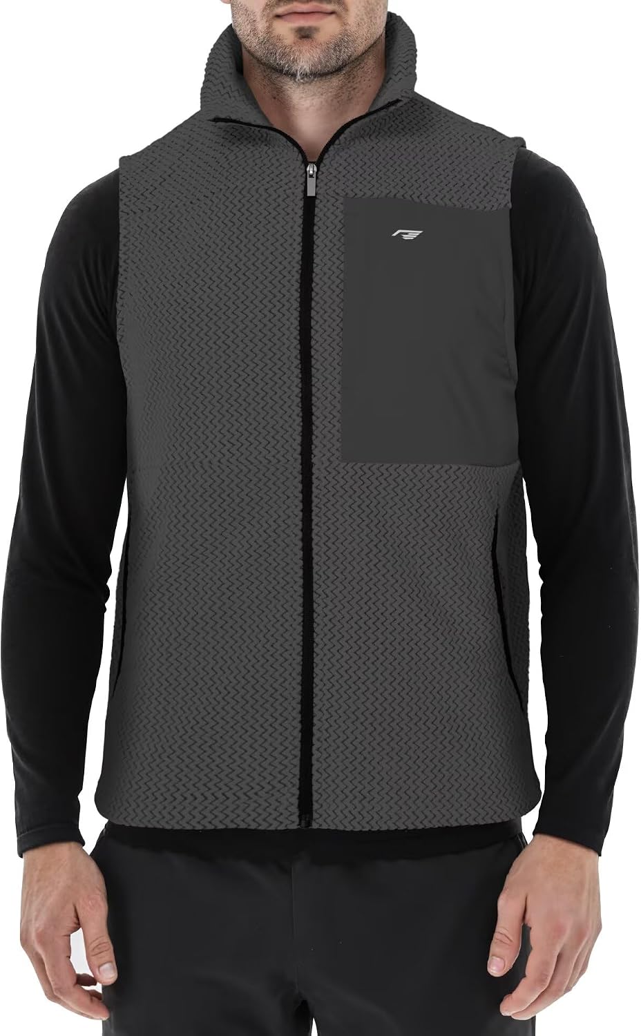 Mens Fleece Vest Mock Neck Full Zip Textured Sleeveless Jacket with Zippered Chest Pocket Active Fit Hiking Golf Top