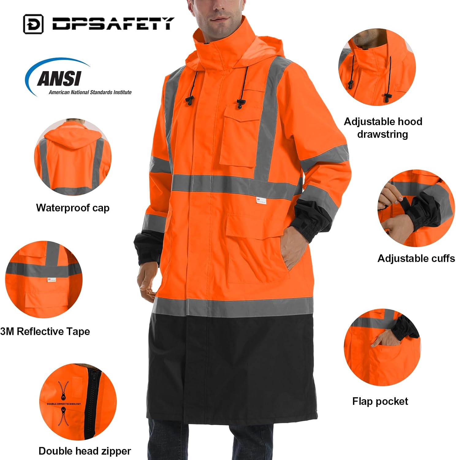 Hi Vis Rain Jacket with 3M Reflective Stripe,High Visibility Class 3 Rain coats,Safety Waterproof Rain Suits for Men with Hood and 2 Large Pockets construction work rain gear(Orange 6XL)