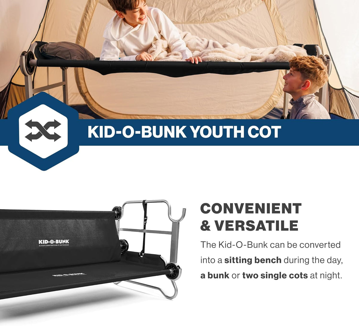 Disc-O-Bed Youth Double Cot Kid-O-Bunk w/ 200 Pound Capacity & Carry Bags