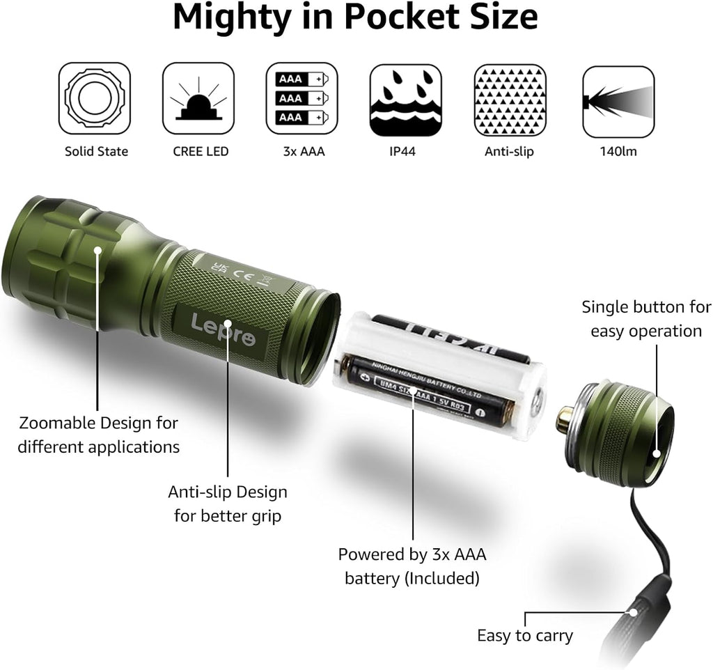 Lepro Lighting Ever LED Flashlight, High Lumens Waterproof Adjustable Focus