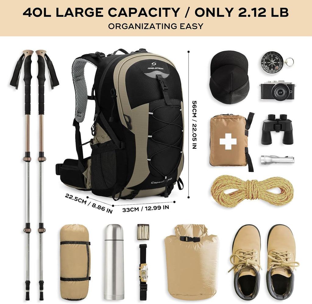 Maelstrom 40L Hiking Backpack, Lightweight Camping Daypack with Rain Cover