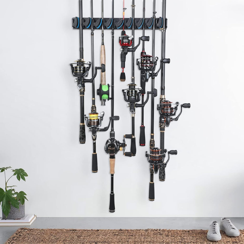 PLUSINNO V9 Vertical Fishing Rod Holder, Wall Mounted Fishing Rod Rack, Fishing Pole Holder Holds Up to 9 Rods or Combos, Fishing Rod Holders for Garage,Fishing Gear and fishing Gifts for Men
