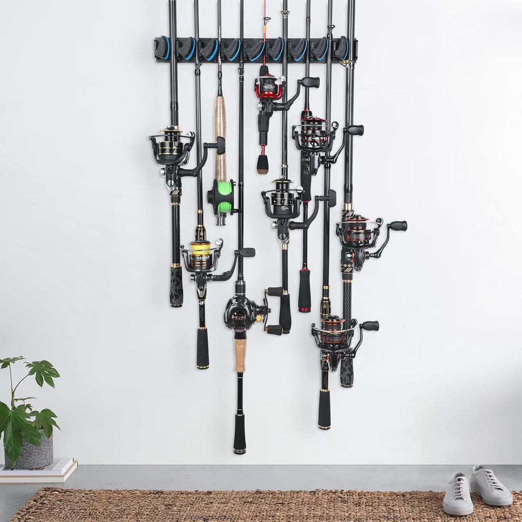 PLUSINNO 4 Pack Vertical Fishing Rod Rack, Wall Mounted Fishing Rod holder, 4 Packs Fishing Pole Holders Hold Up to 36 Rods or Combos, Fishing rod holders for garage, Fishing Gear and Gifts for Men