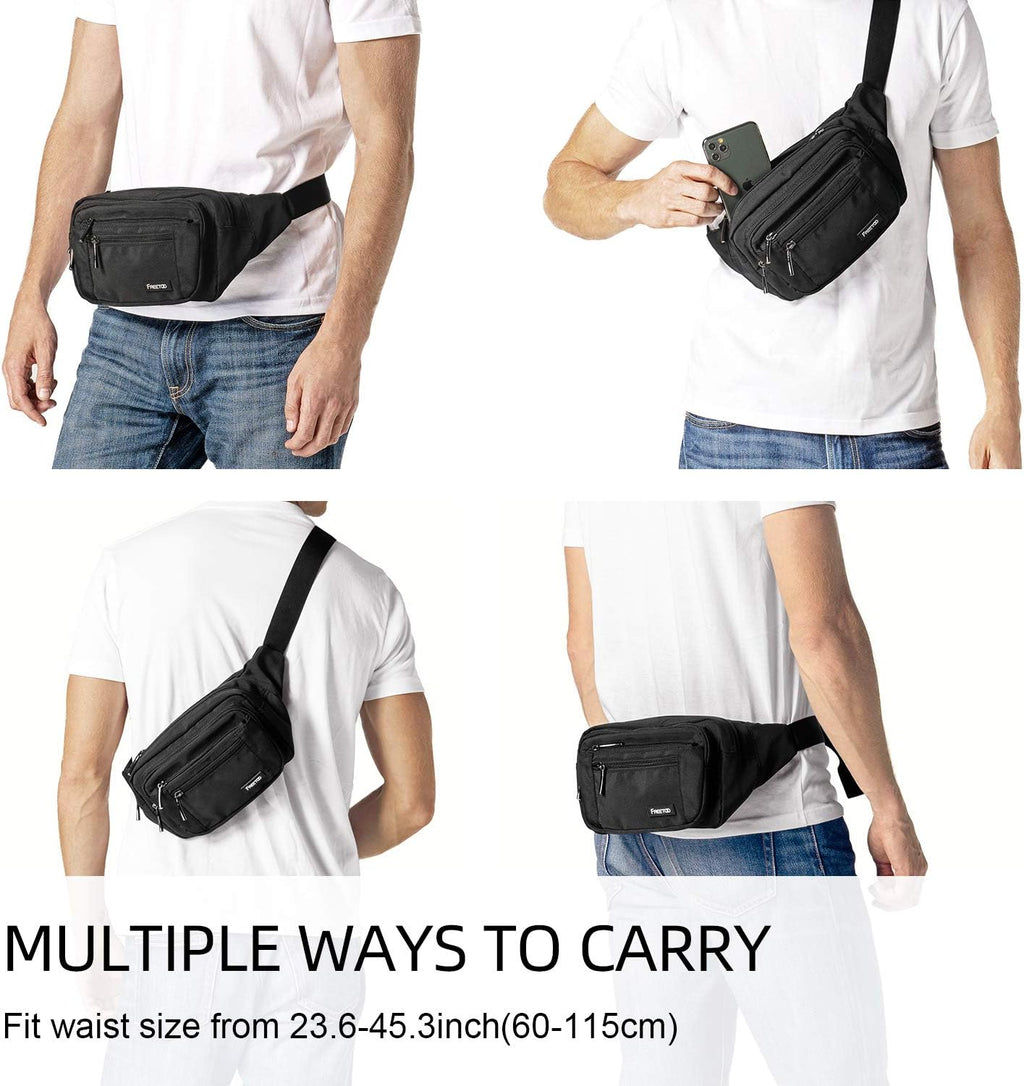 FREETOO Fanny Pack For Men Women, Large Capacity Waist Bag Black Belt Bag | 6 Pockets, Waterproof, Adjustable, Scratch-Resistant, Wear-Resistant, Travel Vacation Walking Hiking Running Park Fishing