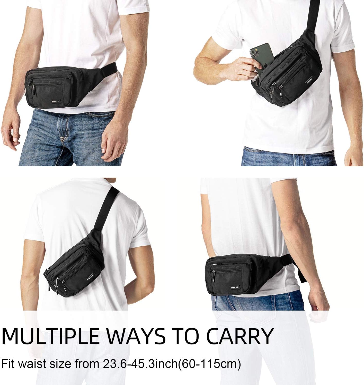 FREETOO Fanny Pack For Men Women, Large Capacity Waist Bag Black Belt Bag | 6 Pockets, Waterproof, Adjustable, Scratch-Resistant, Wear-Resistant, Travel Vacation Walking Hiking Running Park Fishing