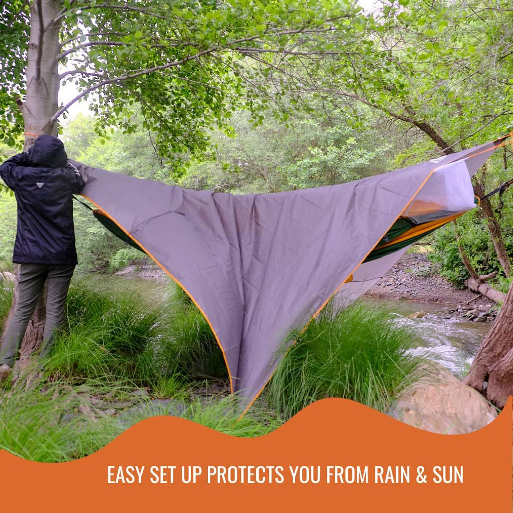 Ryno Tuff Hammock Rain Fly - Camping Tarp 10x10 Foot, The Tent Tarp is Waterproof Rated at 3000MM - Hammock Tarp Includes Aluminum Stakes and Guy Lines. Ultralight and Ultra-Durable