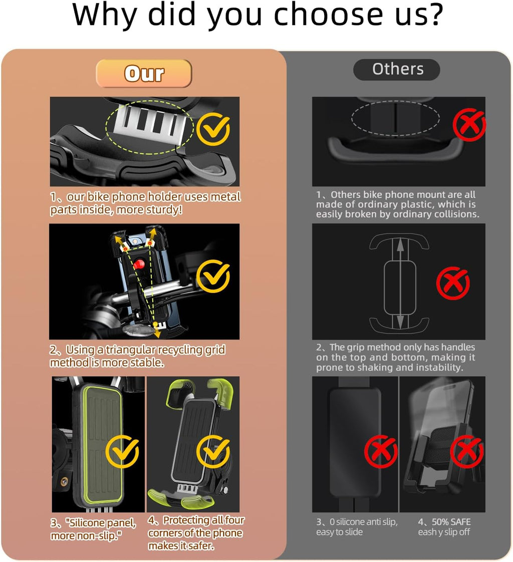 2 Packs Bike Motorcycle Phone Mount,[Ultra Metal] Bike Motorcycle Phone Holder with Security Lock, Bicycle Phone Mount with Soft Cushion & Adjustable Clip Compatible with 4.7''-6.8'' Phone