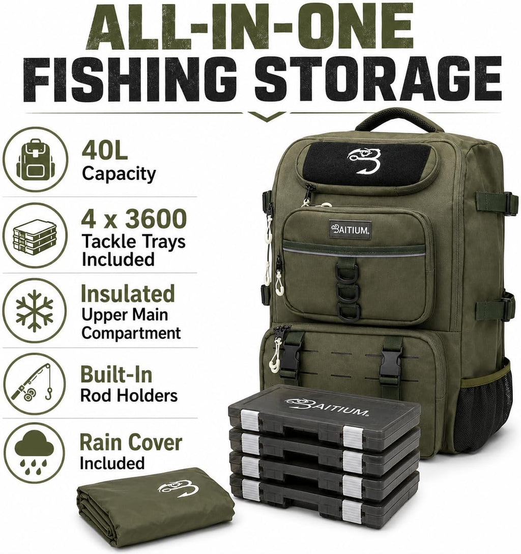 Baitium Fishing Backpack, Tackle Bag With Rod Holders, 40L Capacity With Cooler, Rain Cover, Insulated Pocket, 4 Tackle Trays Included (Jet Black)